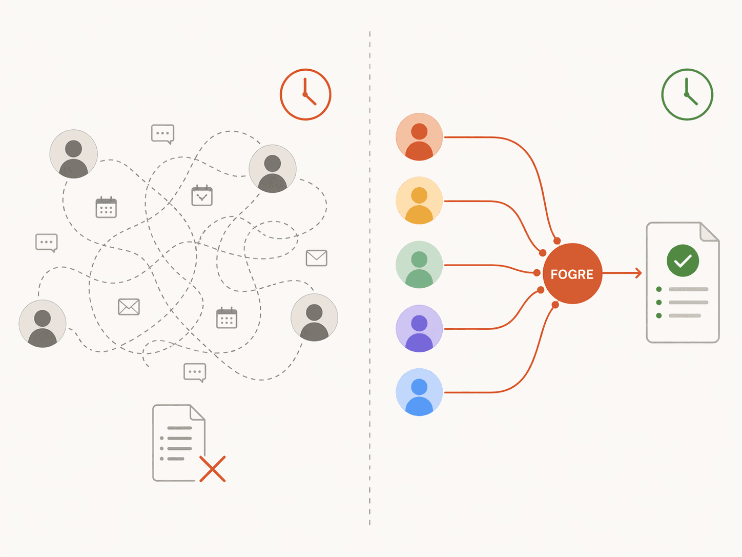 Avant : coordination chaotique entre experts. Après : orchestration fluide par FOGRE vers un livrable unique.